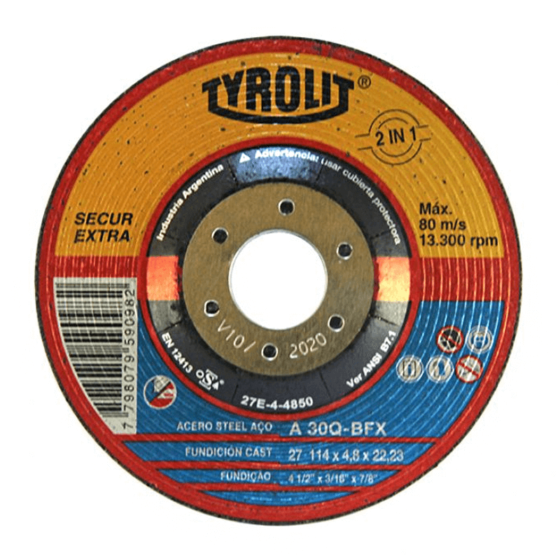 TYROLIT DISCO ABRASIVO SECUR EXTRA PARA DESBASTE 2 EN 1 PARA ACERO Y ACERO INOXIDABLE 114X4.8X22.23 (27E-4-4850)