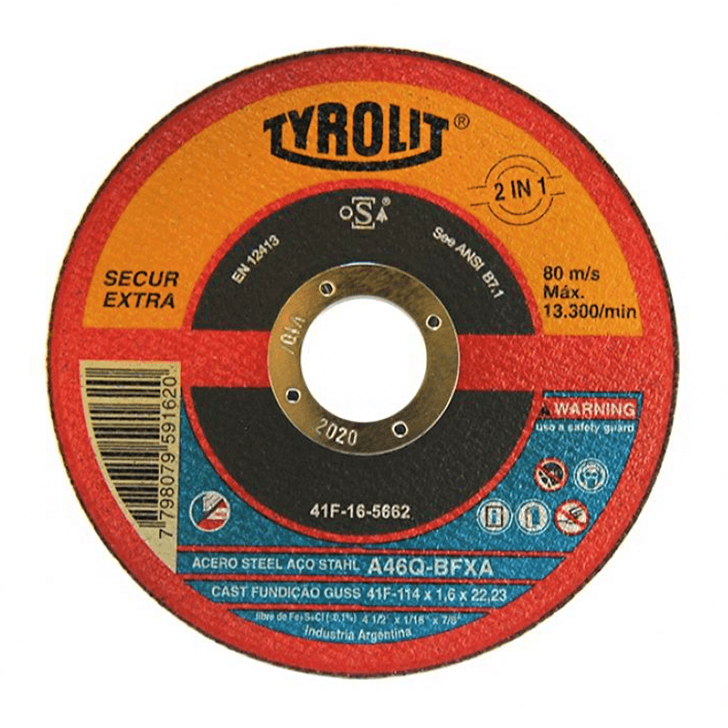 TYROLIT DISCO ABRASIVO SECUR EXTRA PARA CORTE 2 EN 1 ACERO Y ACERO INOXIDABLE 230X1.9X22.23 (41F-20-5662)
